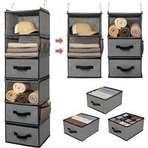 Organizzatore da appendere per armadio, in tessuto grigio, con 3 cassetti e 4 tasche laterali, divisibile, 120 cm