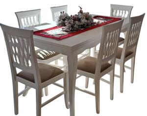 Set tavolo rettangolare bianco sagomato 140x80 160x85 allungabile con 6 sedie imbottite ècru
