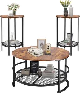Set di tavolini - 3 pezzi rotondi - 1 tavolino Ø 80 x 46,5 cm - 2 tavolini Ø 40 x 60 cm - Robuste gambe di metallo - Salvaspazio - Stile industriale