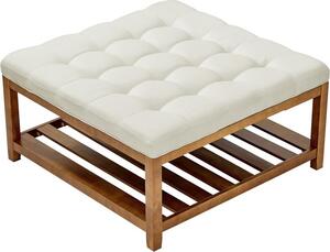 Tavolino quadrato con ripiano (875x875x445mm) - Tavolo in legno massiccio - Pouf imbottito con poggiapiedi in lino - Per la camera da letto e il soggiorno - Portata fino a 181,44 kg - In bianco crema