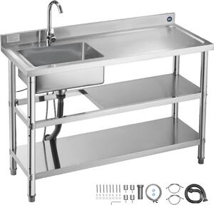 Lavello da cucina in acciaio inox - Vasca singola con piano di lavoro - Dimensioni 120 x 50 x 94 cm - Con rubinetto - Due ripiani - Indipendente - Vasca a destra
