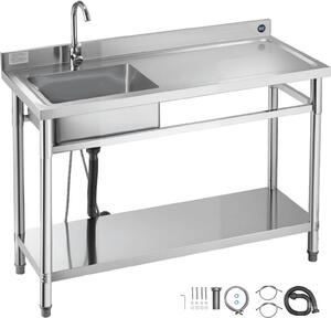 Lavello da cucina in acciaio inox - Lavello da cucina a vasca singola - 120 x 50 x 94 cm - Con rubinetto - Con ripiano - Indipendente - Vasca a destra