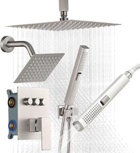 Set sistema doccia - Doccia a pioggia e doccetta - Soffione 25 cm - Doccia a muro 15 cm - Doccetta 2 in 1 - Girevole - Tre tipi di getto - Valvola in ottone - Nichel spazzolato