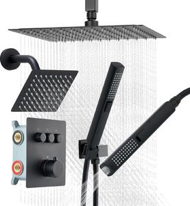 Set sistema doccia - Doccia a pioggia con termostato - Soffione 30 cm - Doccetta a muro 15 cm - Doccetta 2 in 1 - Doppio soffione girevole (3 tipi di getto) - Rubinetteria in ottone - Nero opaco