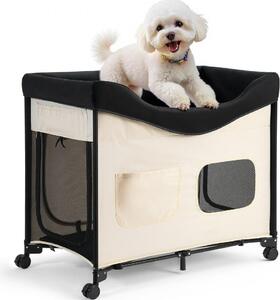 Letto rialzato per animali domestici (XL), letto pieghevole per cani con tessuto Oxford 600D e velluto olandese, lettino rialzato portatile con ruote, tasche laterali e borsa per il trasporto - Beige