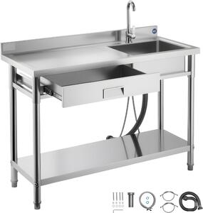 Lavello gastronomia/lavello cucina - Vasca singola in acciaio inox - 120 x 50 x 94 cm - Con rubinetto - Con cassetto - Piano di lavoro a sinistra