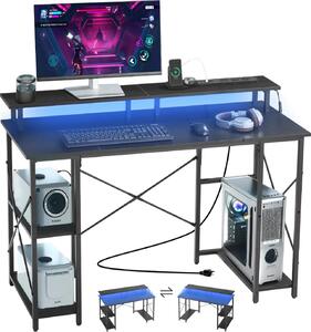 Scrivania - Scrivania per computer con supporto per monitor - Illuminazione a LED - Prese di corrente integrate - Ripiano a due livelli - Per l'ufficio in casa - Nero
