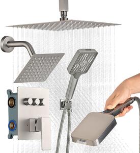 Set sistema doccia - Doccia a pioggia doppia - Soffione doccia a pioggia 30,5 cm + soffione doccia a muro 15,2 cm - Doccetta 4 in 1 - 3 tipi di getto - Valvola in ottone - Girevole - Nichel spazzolato