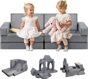 Divano da gioco componibile per bambini - Divano per bambini con braccioli, spugna 28D e pelo corto - Divano trasformabile fai da te per la stanza dei giochi e la camera da letto - Divano per bambini grigio da 14 pezzi