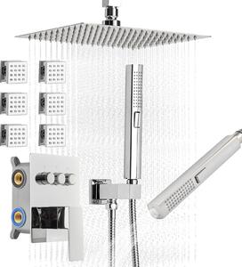 Set sistema doccia - Doccia a pioggia - Soffione a pioggia girevole da 25 cm - 6 getti corpo - Doccetta 2 in 1 - 3 funzioni - Valvola in ottone e set di rivestimenti - Cromo
