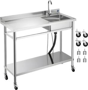Lavello in acciaio inox - Lavello da cucina a vasca singola su ruote - Dimensioni 120 x 50 x 105,5 cm - Con rubinetto - Piano di lavoro a sinistra - Indipendente - Per interni ed esterni