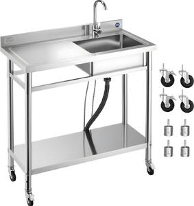 Lavello da ristorazione - Lavello da cucina in acciaio inox a vasca singola - Con rubinetto - Con rotelle - Indipendente - Piano di lavoro a sinistra - 100 x 50 x 105,5 cm - Per interni ed esterni