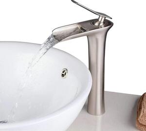 Rubinetto da bagno, modello cascata, miscelatore monocomando, rubinetto per lavabo, valvola in Vetroceramica, finitura in nichel spazzolato, modello BL9009NH, altezza elevata