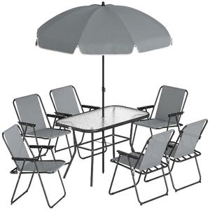 Outsunny Set da Giardino 8 pz con Ombrellone, 6 Sedie Pieghevoli e Tavolo da Esterno in Vetro Temperato, Grigio | Aosom Italy