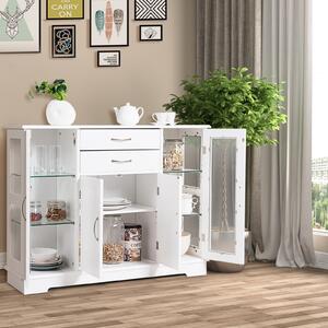 Costway Armadietto di legno con ante in vetro temperato e cassetti, Credenza per cucina e salone 107x30x82cm Bianco