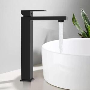 Miscelatore monocomando per lavabo, finitura nera opaca, in acciaio inossidabile, altezza del beccuccio 29,5 cm, adatto per lavabi da appoggio