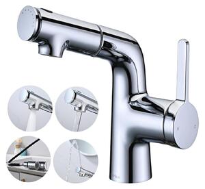 Miscelatore per lavabo da bagno con doccetta estraibile, 3 getti, miscelatore monocomando, cromato