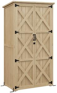 Outsunny Armadio con 2 ripiani laterali e 2 porte per attrezzi, casetta rimessa da giardino, 90L x 54,5P x 161/168,5H cm, Naturale | Aosom Italy