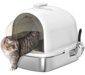 PawHut Casa Igienica per Gatti Lettiera Chiusa in Acciaio Inossidabile, Facile Pulizia, 52,4 x 41,3 x 39,9 cm, Bianco | Aosom Italy