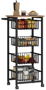 Carrello da Cucina 49,5x31x91 cm con 4 Cestini Estraibili in Acciaio e Legno Rovere e Nero