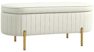 Panca Contenitore Ovale 108x44x43,5 cm con Coperchio Sollevabile in Tessuto Vellutato Crema