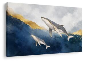 Quadro su tela – Balene tra onde dorate
