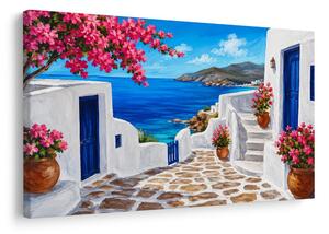 Quadro su tela – Vicolo sul mare con fiori rosa