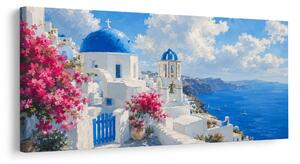 Quadro su tela – Santorini in fiore sotto il cielo estivo