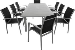 Set da giardino DEGAMO set da pranzo BAJAZZO 9 pezzi, alluminio argento/grigio + tessuto sintetico nero, 8x sedie impilabili, 1x tavolo allungabile 175/145x100cm