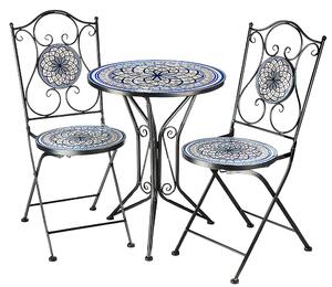 Set da giardino Kobolo effetto mosaico - 1 tavolo - 2 sedie - metallo - blu-bianco