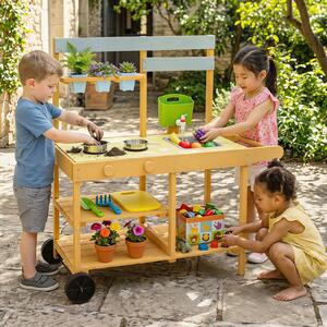 Costway Cucina per bambini in legno con 3 vasi fiori padella utensili cucina lavello serbatoio, Cucina giocattolo per bambini 3+ anni