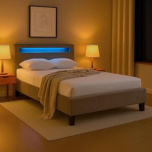 Letto imbottito LASHIO con illuminazione LED integrata nella testiera, dimensioni 120x200 cm, colore greige – letto moderno rivestito in tessuto vellutato, ideale per la camera da letto dei giovani