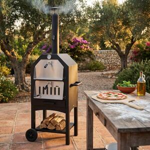 Forno a legna rettangolare in metallo grigio e nero per pizza italy