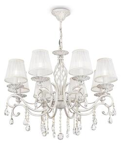 GRACE LAMPADARIO A BRACCI CLASSICO 8 LUCI IN METALLO BIANCO ANTICATO CON PARALUMI IN TESSUTO PLISSE BIANCO