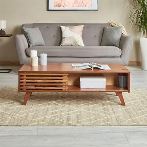 Tavolino SEAN, con 2 ripiani in castagno, elegante tavolino dal design scandinavo, pratico tavolino da salotto con ante scorrevoli in pino massiccio