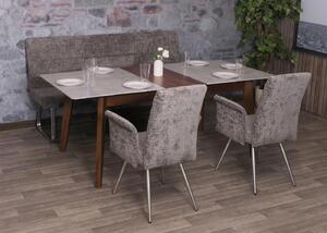 Set da pranzo HWC-G55, set di 2 sedie con braccioli + panca 180 cm, acciaio inox spazzolato tessuto/ceniglia tessile ~ grigio scuro