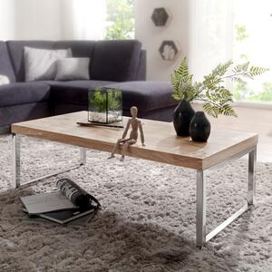 FineBuy Tavolino in legno massiccio di acacia 120x60x40 cm - Tavolo rettangolare da soggiorno con base a slitta cromata - Design industriale fatto a mano