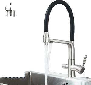 Rubinetto da cucina con filtro, bocca estraibile flessibile, doppia maniglia in ottone, nichel spazzolato