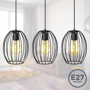 B.K.Licht Lampadario vintage, adatto per 3 lampadine E27 non incluse, largo 70cm, alto 112cm, lampada a sospensione con paralumi a filo, metallo nero