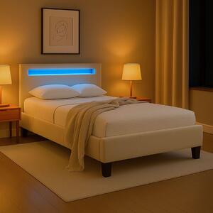 Letto imbottito LASHIO con illuminazione LED integrata nella testiera, dimensioni 120x200 cm, color crema – letto moderno rivestito in tessuto velluto, ideale per la camera da letto dei giovani