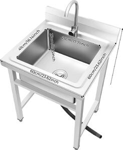 Lavabo freestanding, acciaio inox, rubinetto girevole a 360°, argento