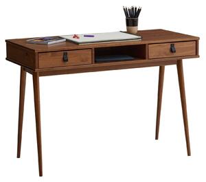 Scrivania KIM con 2 cassetti in legno massello, color noce, ideale per l'ufficio domestico. Include un vano aperto, 2 cassetti e maniglie in pelle