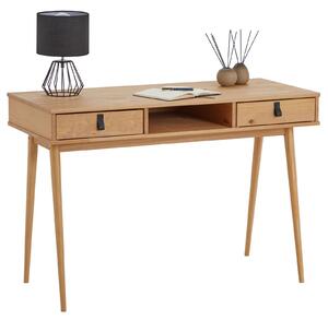 Scrivania KIM con 2 cassetti in legno massiccio, color rovere - scrivania per ufficio con vano a giorno, scrivania per ufficio con 2 cassetti e maniglie in pelle