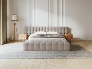 Letto matrimoniale Mamaia in tessuto strutturato Neve con contenitore e testiera doppia - 180x200 cm