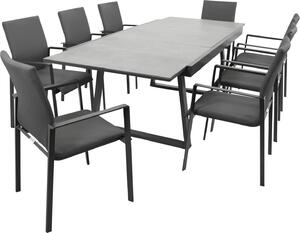 Set da giardino DEGAMO REIMS, 9 pezzi, alluminio grigio scuro + vetro + tessuto sintetico grigio scuro