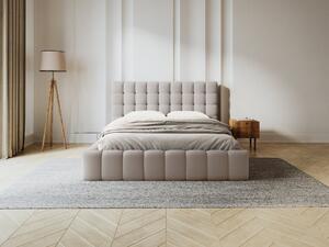 Letto matrimoniale Mamaia in tessuto strutturato Neve con contenitore e testiera - 140x200 cm
