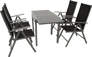 Set da giardino DEGAMO set da balcone set da giardino AMALFI 5 pezzi, 4x poltrona pieghevole 8 pieghevole regolabile alluminio + tessuto sintetico nero, tavolo allungabile 65/130x65cm alluminio + vetro grigio