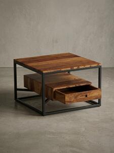 Tavolino moderno con cassetto, design quadrato, tavolino in legno massello di sheesham/metallo. 60x60x40 cm | Kadima Design