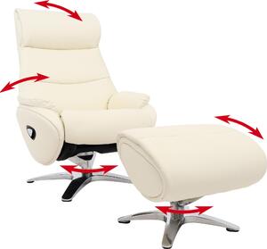 Poltrona reclinabile con poggiapiedi MCW-K98, poltrona per la televisione, con funzione relax e girevole, in metallo, rivestita in vera pelle/ecopelle, colore crema-bianco