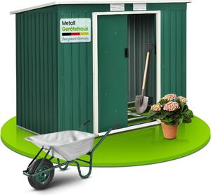 Capannone in metallo Juskys M con tetto a una falda, porta scorrevole e fondamenta - 4m³ - Verde